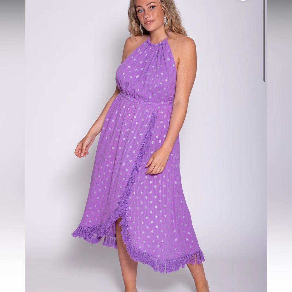 Maxi halter backless purple dress with silver tassels size XXL never worn